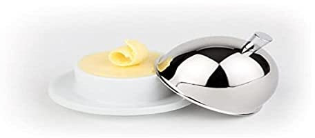 APS Beurrier, beurrier avec Cloche, beurrier en Porcelaine avec Capuchon en Acier Inoxydable, très Poli, 9 x 9 cm, Hauteur 7 cm
