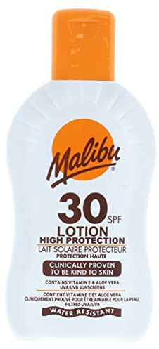 Malibu - Leche solar de protección muy alta contra rayos UVA y UVB (200 ml).