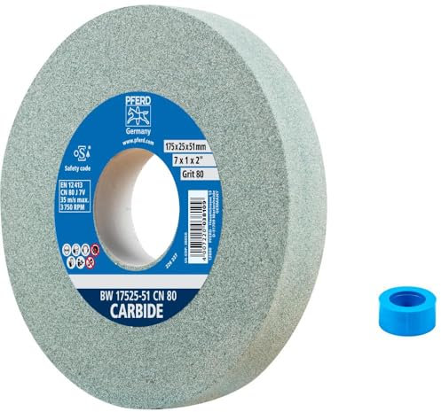 PFERD Schleifbockscheibe CARBIDE, 175x25x51mm, SiC 80, 39009726 – Weiche, aggressive Schleifscheibe für harte Materialien, z. B. Hartmetall, mit Reduzierhülse (32mm)