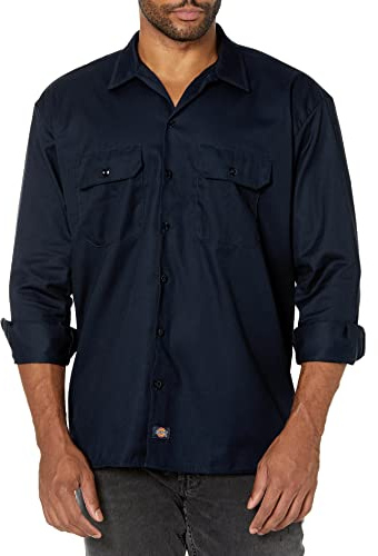 Dickies Men's Long Sleeve Work Shirt, Dark Navy, Large