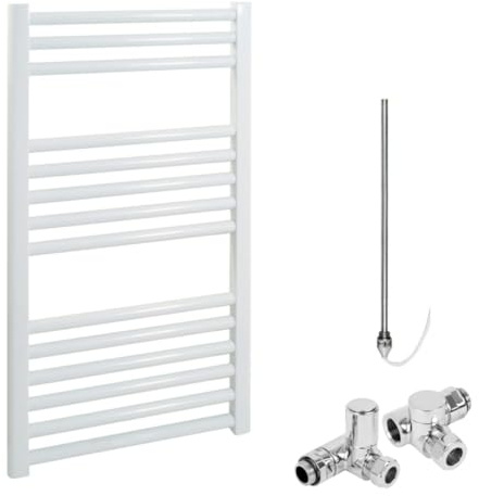 Bray Straight White Dual Fuel Heated Towel Rail/Warmer/Radiator For Central Heating And Electric. Round Tube Ladder Design, 800 x 500