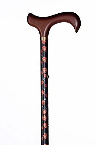 Gehstock Step-Derby Fleur, eleganter Derbygriff aus Hartholz, aufgesetzt auf einen Stock aus stabilem Leichtmetall mit lachsfarbenem Blumendekor, höhenverstellbar, inklusiv Gummipuffer.