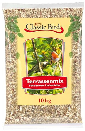 CLASSIC BIRD Vogelfutter Terrassenmix 10 kg – Schalenloses Ganzjahresfutter mit Erdnusskernen & geschälten Sonnenblumenkernen – Premium Wildvogelfutter für Balkon & Terrasse