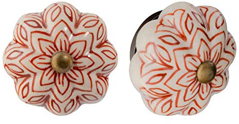 Nicola Spring Ceramic Cupboard Drawer Handle Knobs - Vintage Flower Design - Dark Red - Pack of 6