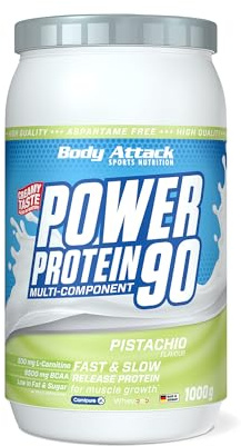 Body Attack Power Protein 90, 5K protein powder de whey protéine, L-Carnitine et BCAA pour la croissance musculaire et le fitness - blanc oeuf poudre, Pistache, 1kg