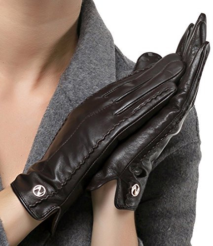 Nappaglo Damen klassische Handschuhe aus echtem Nappaleder Reines Kaschmir-Futter Winter Warm Handschuhe (XXL (Umfang der Handfläche:21.6-22.8cm), Dunkelbraun(Touchscreen))