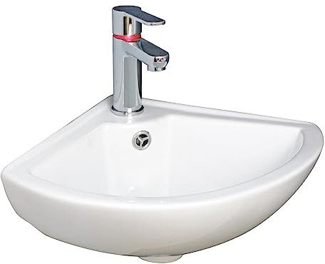 ONDÉE, Lave-mains à suspendre PIVOINE, Le lave-mains d'angle pour un espace optimisé, Vasque avec trop plein et trou de robinetterie, Livré sans vidage ni robinetterie, Largeur 46cm, Finition Blanc