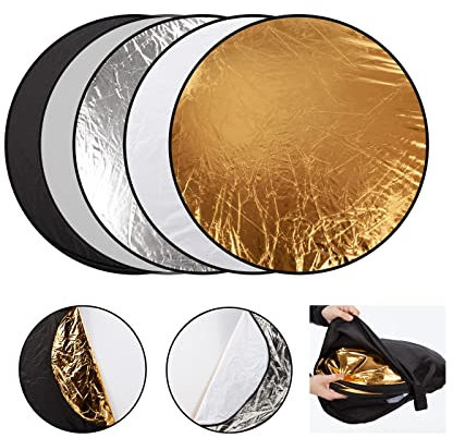 60cm Portable 5-in-1 Collapsible Light Reflector Studio Photography Multi Round Disc Light Reflector, Translucent, Silver, Gold, White, and Black