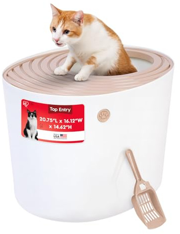 IRIS USA Cat Litter Box Large Top Entry with Lid Enclosed Covered Hooded Design Litter Catching Scatter Shield Pan Dog Proof Pet Proof Scoop Included Odor Control for Indoor Cats Kittens Beige/White