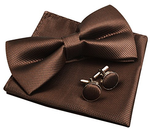 Alizeal Herren Solide vorgebundene Fliege Manschettenknöpfe Hanky Set für Männer Hals tragen, Kaffee