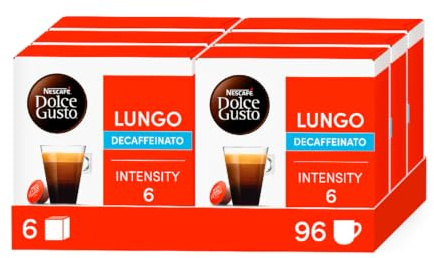 NESCAFÉ Dolce Gusto Lungo Decaffeinato, 96 Capsules de Café, 6 x 16 | Café Capsules , Compatible avec Toutes les Machines à Café DG hors NEO , Grain 100% Arabica décaféiné à l'eau