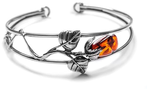 HENRYKA Bracelet jonc réglable en Ambre Baltique et Argent Sterling Massif 925 Rose Anglaise | Bijoux Fleuris | Cadeau pour sa Femme