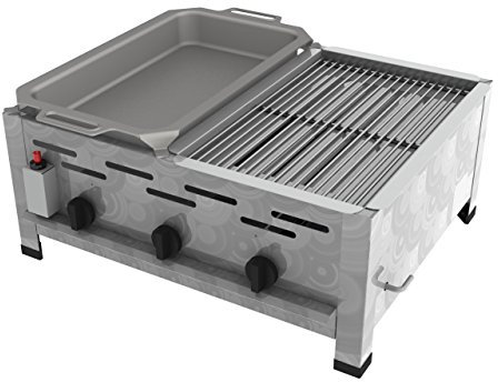 ChattenGlut Professional Gastrobräter 3-flammig - freistehendes Tischgerät aus Edelstahl mit Edelstahlbrenner - 13,5 kW, regelbar für Flüssiggas, mit Kombi 1er Rost und 1er Pfanne, 650x530x270 mm