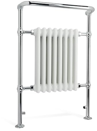 iBathUK Ascot Traditional Floor Mounted Heated Towel Radiator with Wall Support, 8 Column Steel High Thermal Output Hydronic Central Heating, Curved Towel Rail in Chrome/Gloss White, 952 × 659mm