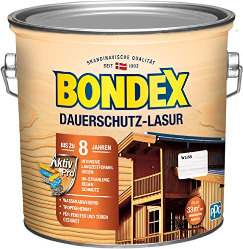 Bondex Dauerschutz Lasur Weiß 2,5 L für 32 m² | Hoher Wetter- und UV-Schutz bis zu 8 Jahre | Tropfgehemmt | Natürliches Abwittern - kein Abplatzen | Dauerschutzlasur| Holzlasur