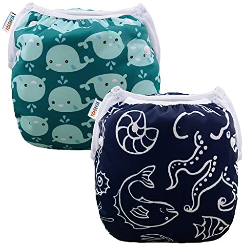 ALVABABY Swim Diapers 2pcs Reusable Baby Boy Swim Diaper 0-8 Months Adjustable Snap Washable Infant Toddler Swimming Diaper for Pool Beach & Swim Lessons – Waterproof PUL Leak-Proof UPF 30+ Small Size