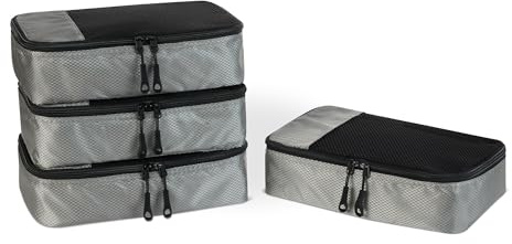 Amazon Essentials Ensemble de 4 Cubes de Rangement, Organisateurs de Voyage avec Double Fermeture Éclair, Dessus en Maille, Polyester, Taille S, Gris (Anciennement Amazon Basics)