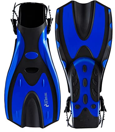 Two Bare Feet Adjustable Diving Fins – Swim, Snorkel & Scuba Fins for Adults – Full Foot Flippers with Easy Strap – Ideal for Holidays, Pool, Sea & Water Sports (F70 Blue, L / XL (UK 9 - 13))