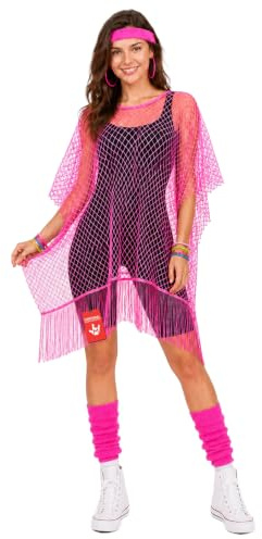 Fun Shack 80er Jahre Kostüm Damen, Neon Halloween Kostüm Damen | Neonfarbenes Netzoberteil, Leuchtendes Rosa, Zum Überziehen, Perfekt für Halloween, Ideal zum Verkleiden