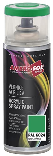 Ambro-Sol V4006024 Smalto Acrilico Multiuso, Vernice Brillante per Interni ed Esterni, Adatto per Qualsiasi Tipo di Materiale, Bomboletta Spray in Banda Stagnata Riciclabile 400 ml, Verde Traffico