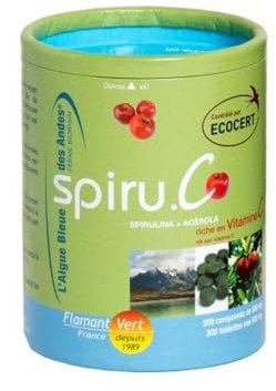 Flamant Vert Spiruline Algue Bleue des Andes et Acérola Bio 300 Comprimés de 500 mg
