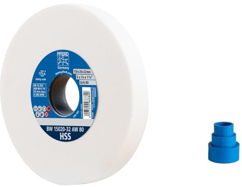 PFERD Schleifbockscheibe HSS, 150x20x32mm, A80, 39009699 – Mittelharte Schleifscheibe zum Schärfen von HSS-Bohrern, mit Reduzierhülsen (25/20/16mm)