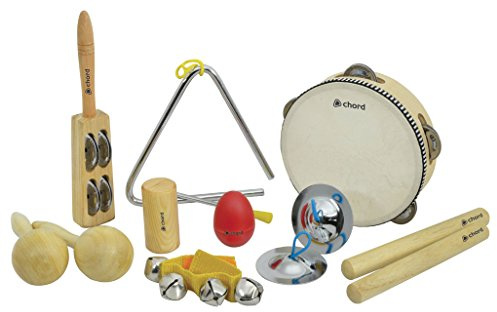Chord CPS09 - Juego de 9 piezas de percusión de mano con bolsa, incluye pandereta, maracas, agitadores, claves, banda de cascabel, palo, platillos de dedo y triángulo