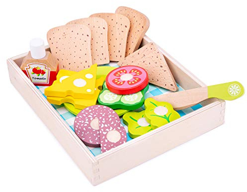 Woet® Smörgåsset i Trä för Barn - Med Bröd, Ost, Tomat, Sallad och Ketchup - Med Träbricka - Rollspelsleksak för Lekkök - Från 2 År