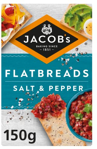 JACOB'S Flatbread Salt & Pepper Crackers 150g | Flavoursome & Healthy Snack, High-Fiber, Low-Calorie, Crispy Texture, Perfect for Dips & Cheeses
