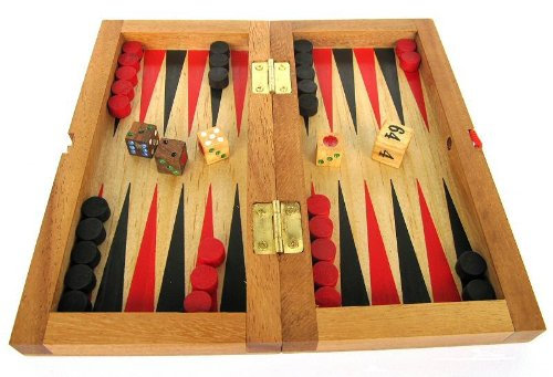 Backgammon + Dame Gr. S - aus Holz mit klappbarem Spielbrett 21 x 21 cm und rot/schwarzen Backgammon-Feldern