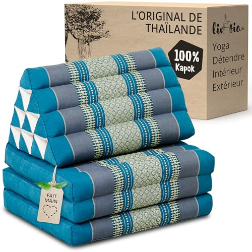 livasia Coussin thaï à 3 Blocs - 175x50x8cm - Coussin Triangulaire avec Matelas Pliable, Coussin en biseau kapok, Coussin de Soutien Dorsal Pliables, Tapis thaï Pliable, Fait Main (Bleu Clair)