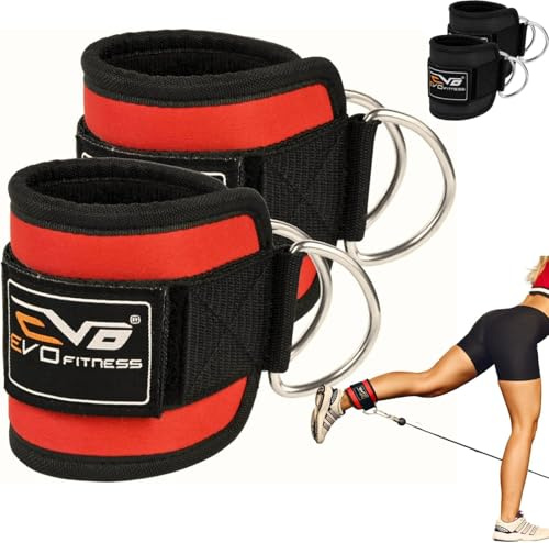 EVO PAIR Pulley Cable Machines Attachment Neoprene Ankle Cuff Gym Straps Weight Lifting Stainless Steel Ring Fitness Leg Workout Men Women [Sold as Pair]