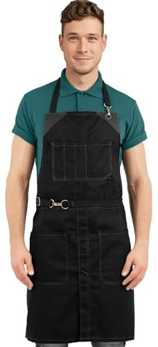 Under NY Sky No-Tie Opaque Black Apron - Durable Twill, Leather Reinforcement and Split-Leg - Adjustable for Men and Women - Pro Barber, Tattoo, Barista, Bartender, Baker, Hair Stylist, Server Apron