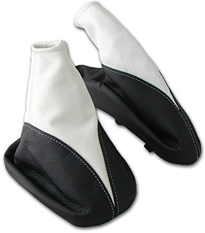 Schaltsack für Opel Astra G Set mit Handbremsmanschette - Bj. 1998 - 2005 - Schwarz - Weiß - Schaltmanschette Manschette für Schaltung & Handbremse Handbremssack - Abdeckung aus Echtleder - A099-3