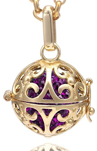 Morella Collar de Acero Inoxidable Dorado 70 cm con Colgante Ornamento y Bola de resonancia de Color Lila Ø 16 mm para Damas en Bolsa para Joyas