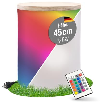 8 seasons design Beistelltisch 45 cm, Shining Drum (weiß) – E27, RGB Farbwechsel, dimmbar, Fernbedienung, für außen und innen, Holz-Deckel (Garten, Wohnzimmer) – Pflanzentopf, Getränkekühler