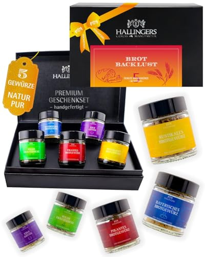 Hallingers Genuss Manufaktur Gewürz Geschenk-Set - 5 Gewürze aus aller Welt in wertiger Geschenkbox mit Rezept-Booklet Brot-Backlust, Geschenkidee für Frauen Männer