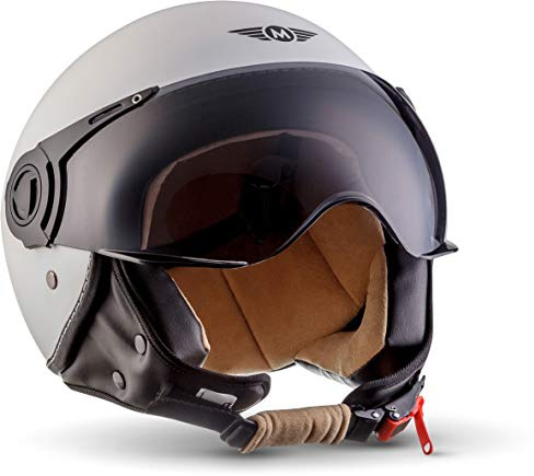 MOTO Helmets® H44 „Matt White“ · Jet-Helm · Motorrad-Helm Roller-Helm Scooter-Helm Bobber Mofa-Helm Chopper Retro Cruiser Vintage Pilot Biker Helmet · ECE Visier Schnellverschluss Tasche XL (61-62cm)
