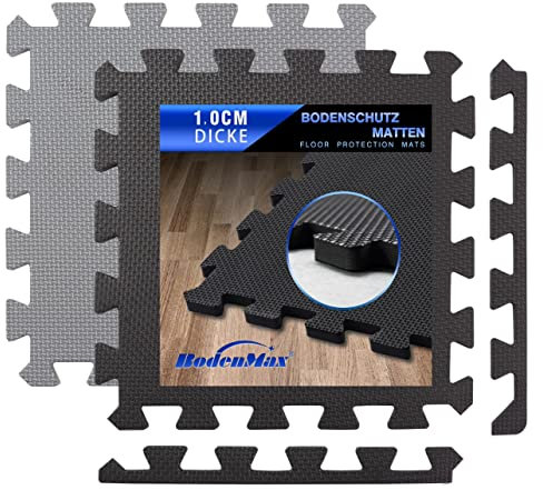 Eva Bodenschutzmatte Fitness 30x30x1cm – Puzzlematte rutschfest & stoßdämpfend – 18 Stück schwarz – Bodenmatte für Fitnessgeräte, Kinderzimmer, Garage – 1,66 m² Fläche