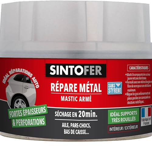 SINTO Mastic répare métal armé 170ml | Reconstitue et colmate avant égalisation, réparations en épaisseur et pièces percées, véhicules gouttières rampes et volets