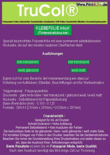 Inkjet Klebefolie 25 x DIN A4 transparent glänzend, klar - Glasklar - Druckerfolie zum Bedrucken mit Tinte