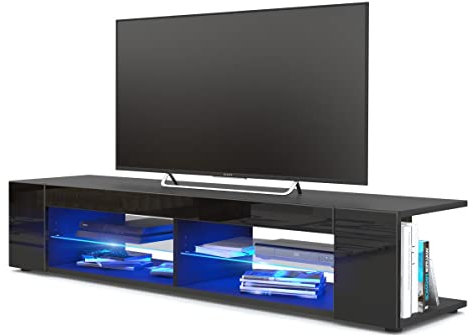 Vladon Lowboard Movie, TV-Kommode mit 4 offenen Fächern und Zierleisten, Schwarz matt/Schwarz Hochglanz, inkl. LED-Beleuchtung in blau (134 x 29 x 39 cm)