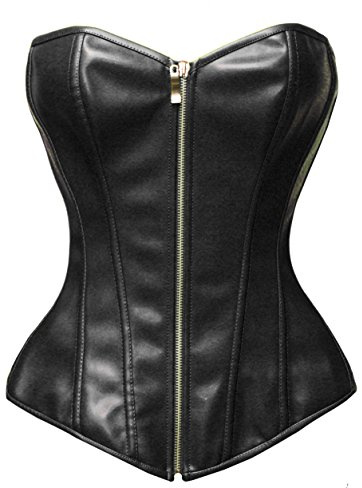 Bslingerie Womens Faux Leather Zipper Front Boned Corset (L),Black