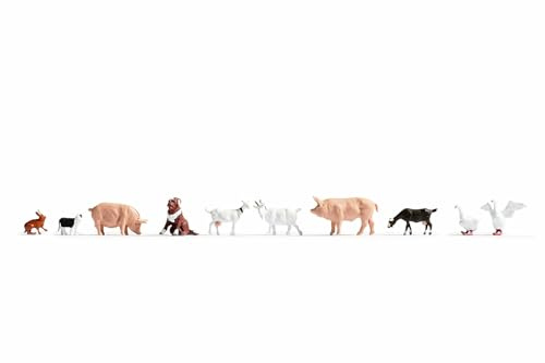 NOCH Tiere auf dem Bauernhof, 10 handkolorierte Figuren aus Kunststoff, bewegt für Spur TT, ideal für ländliche Szenen in 1:120