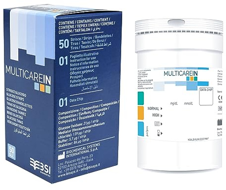 Multicare In - Strisce Glucosio, Test Glicemia, per Lettore Multicare In, Biosensore con 1 Chip, Strisce in Barattolo e Astuccio - 50 Strisce