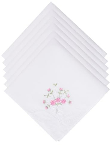 Selected Hanky Women's Cotton Handkerchiefs Flower Embroidered with Lace, Ladies Hankies 6 Pcs - Pink Floral