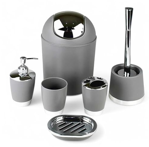 6tlg Badset Badezimmer Zubehör Set Organizer: Seifenspender, Zahnputzbecher, Kosmetikeimer, WC Bürste und Halter, Seifenschale, Mülleimer, Zahnbürstenhalter, Badgarnitur (Grau Design 1)