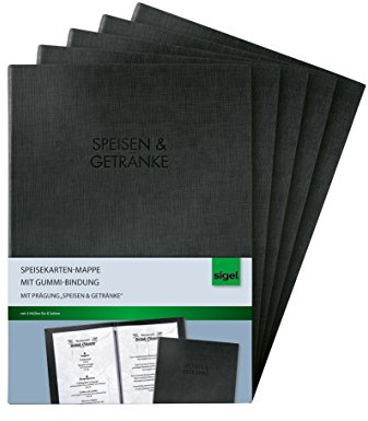 SIGEL SM116/5 Speisekarten-Mappen mit Gummi-Bindung für A5, 5-er Pack, schwarz mit edler Leinenstruktur, strapazierfähig und leicht abwischbar