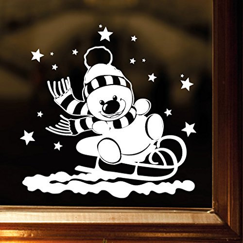 Wandtattoo Loft Fensterbild „Schneemann auf Schlitten“ mit Sternen aus weißer mattglänzender Vinylfolie, konturgeschnitten- OHNE hässliche Hintergrundfolie, 2 Größen zur Auswahl Fensteraufkleber Weihnachten Dekoration Sterneset / / 40 cm hoch x 40 cm breit