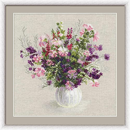 Kit de Punto de Cruz. Jarrón con Lilas y Flores Rosas